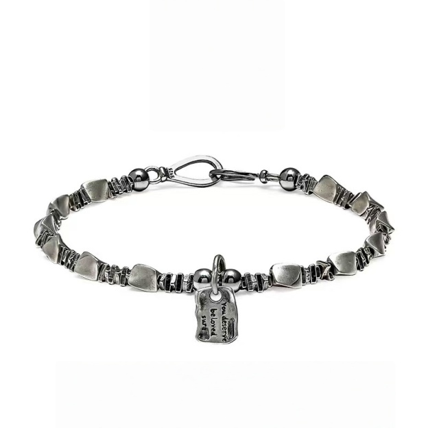 Men's Retro Crushed Silver Bracelet with Raw Square Pendant - Minimalist Industrial Style