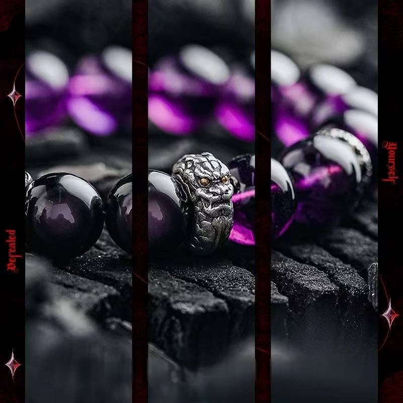 Men's Obsidian & Amethyst Bracelet - Stone of Victory & Hope - Natural Gemstone Beads