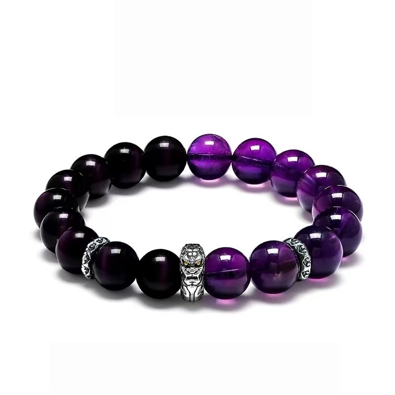 Men's Obsidian & Amethyst Bracelet - Stone of Victory & Hope - Natural Gemstone Beads