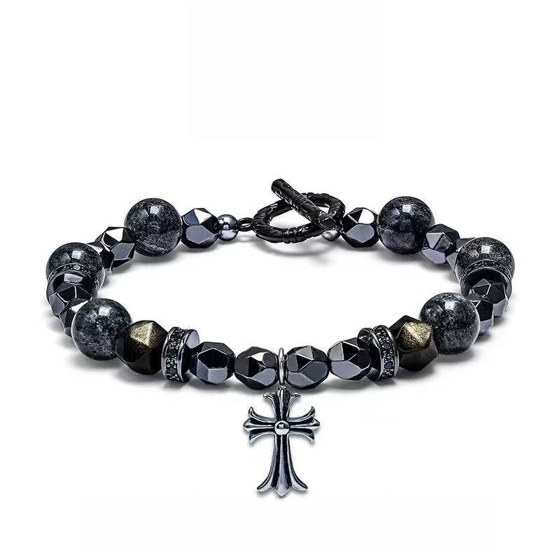 Men's Hematite Bracelet with Cross Charm - Stone of Strength & Protection - Vintage Style