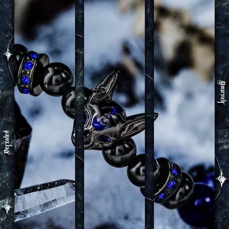 Men's Obsidian & Lapis Lazuli Bracelet with Agate Owl - Stone of Supreme Power & Protection - Vintage Style