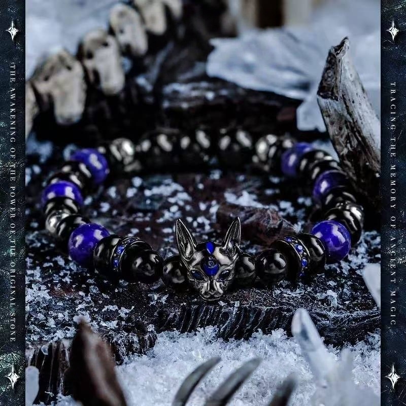 Men's Obsidian & Lapis Lazuli Bracelet with Agate Owl - Stone of Supreme Power & Protection - Vintage Style