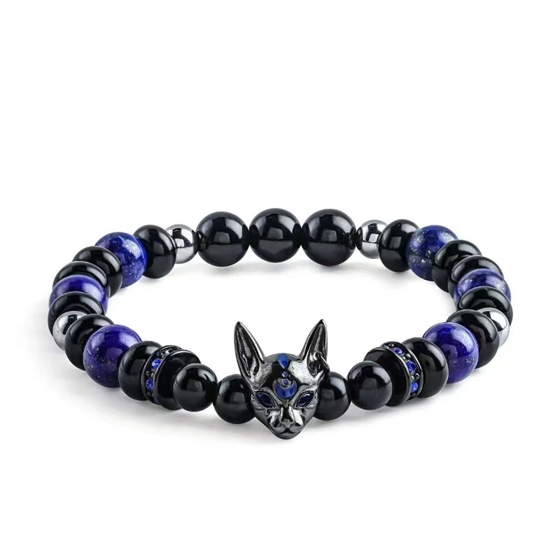 Men's Obsidian & Lapis Lazuli Bracelet with Agate Owl - Stone of Supreme Power & Protection - Vintage Style