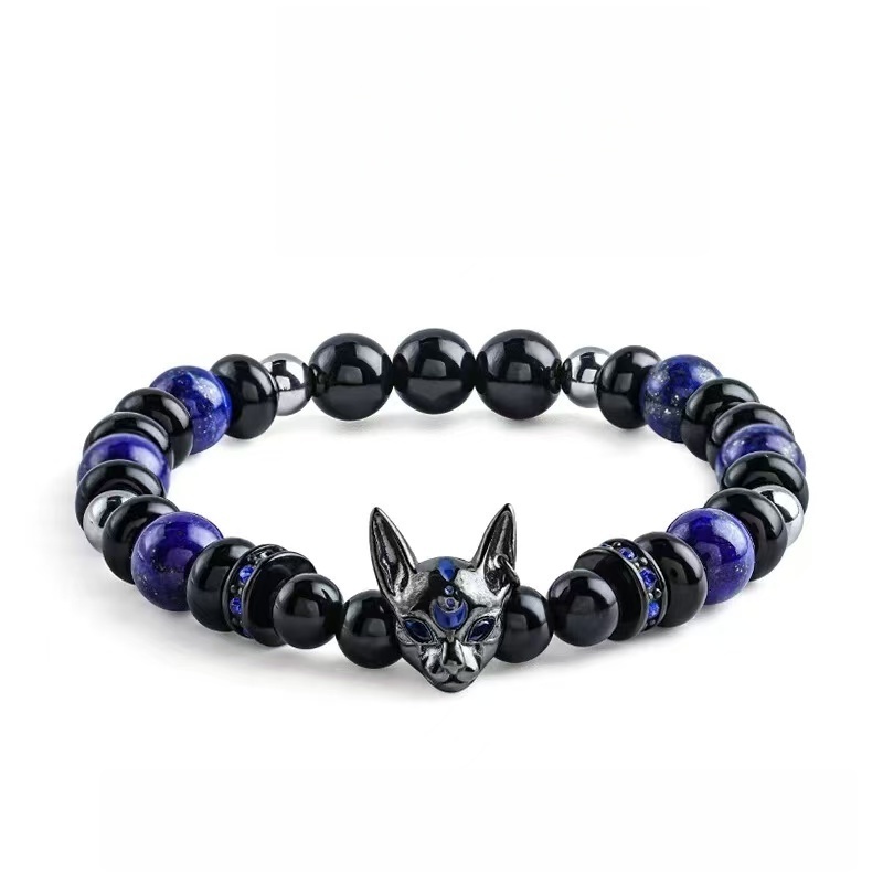 Men's Obsidian & Lapis Lazuli Bracelet with Agate Owl - Stone of Supreme Power & Protection - Vintage Style