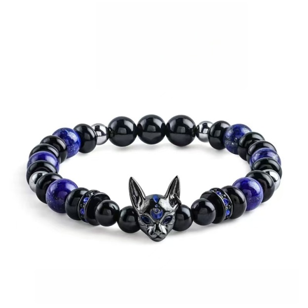 Men's Obsidian & Lapis Lazuli Bracelet with Agate Owl - Stone of Supreme Power & Protection - Vintage Style