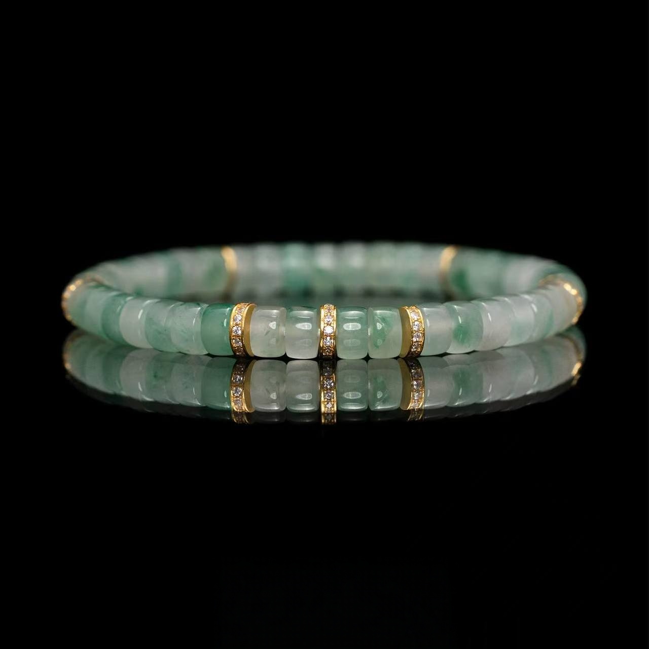 African Jade Bracelet - Icy Dream in Sunlit Green with Gold & Diamond Accents