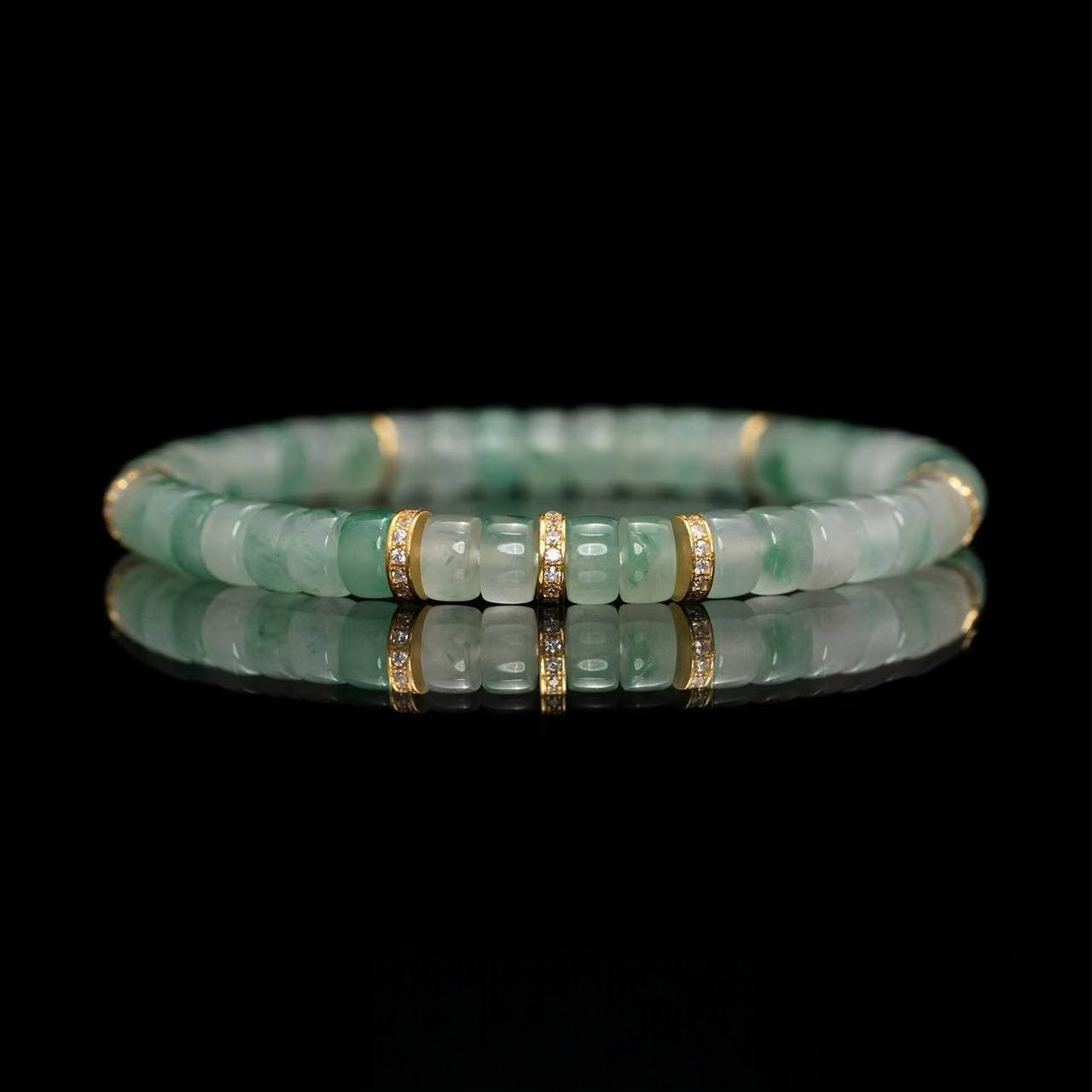 African Jade Bracelet - Icy Dream in Sunlit Green with Gold & Diamond Accents