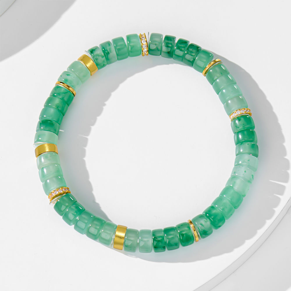 African Jade Bracelet - Icy Dream in Sunlit Green with Gold & Diamond Accents