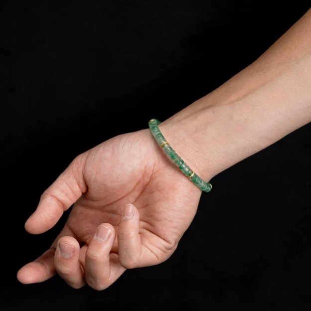 African Jade Bracelet - Icy Dream in Sunlit Green with Gold & Diamond Accents