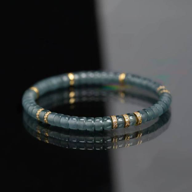 Gray Jadeite Bracelet | 5.5mm Mora Gray Beads with Gold Inlay for Serene Wisdom