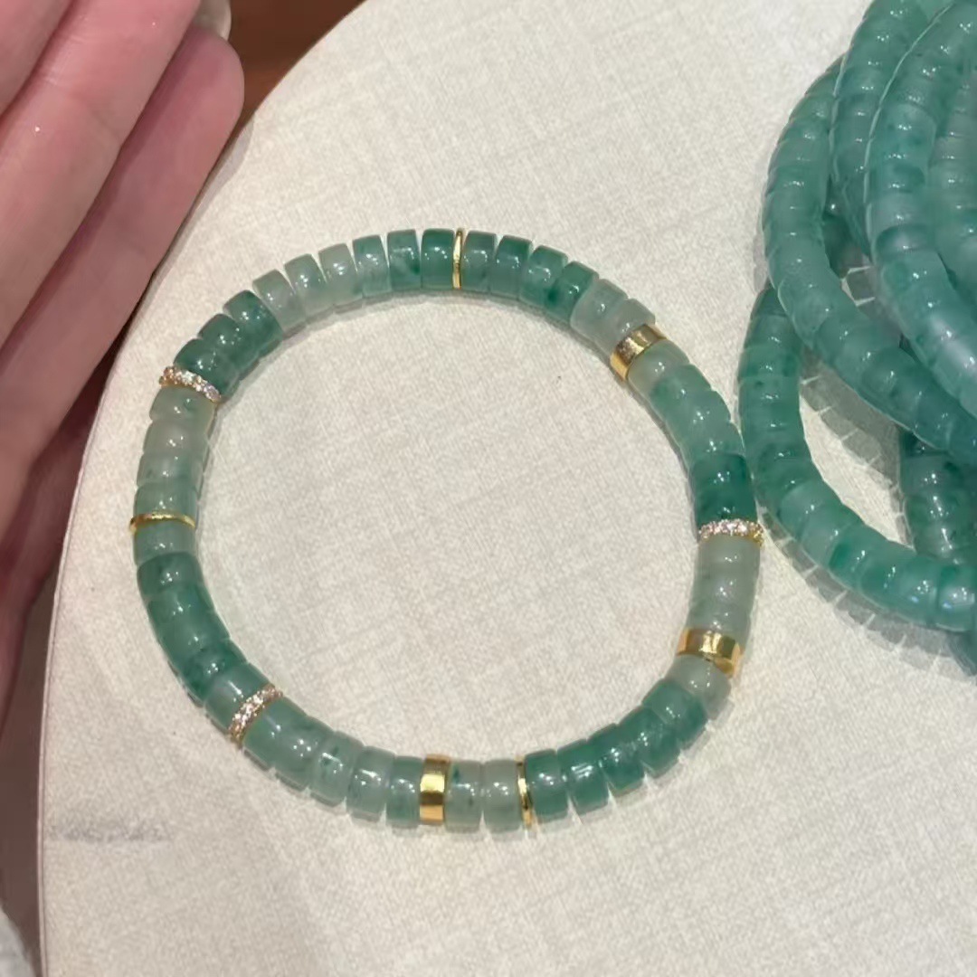 African Jade Bracelet - Icy Dream in Sunlit Green with Gold & Diamond Accents