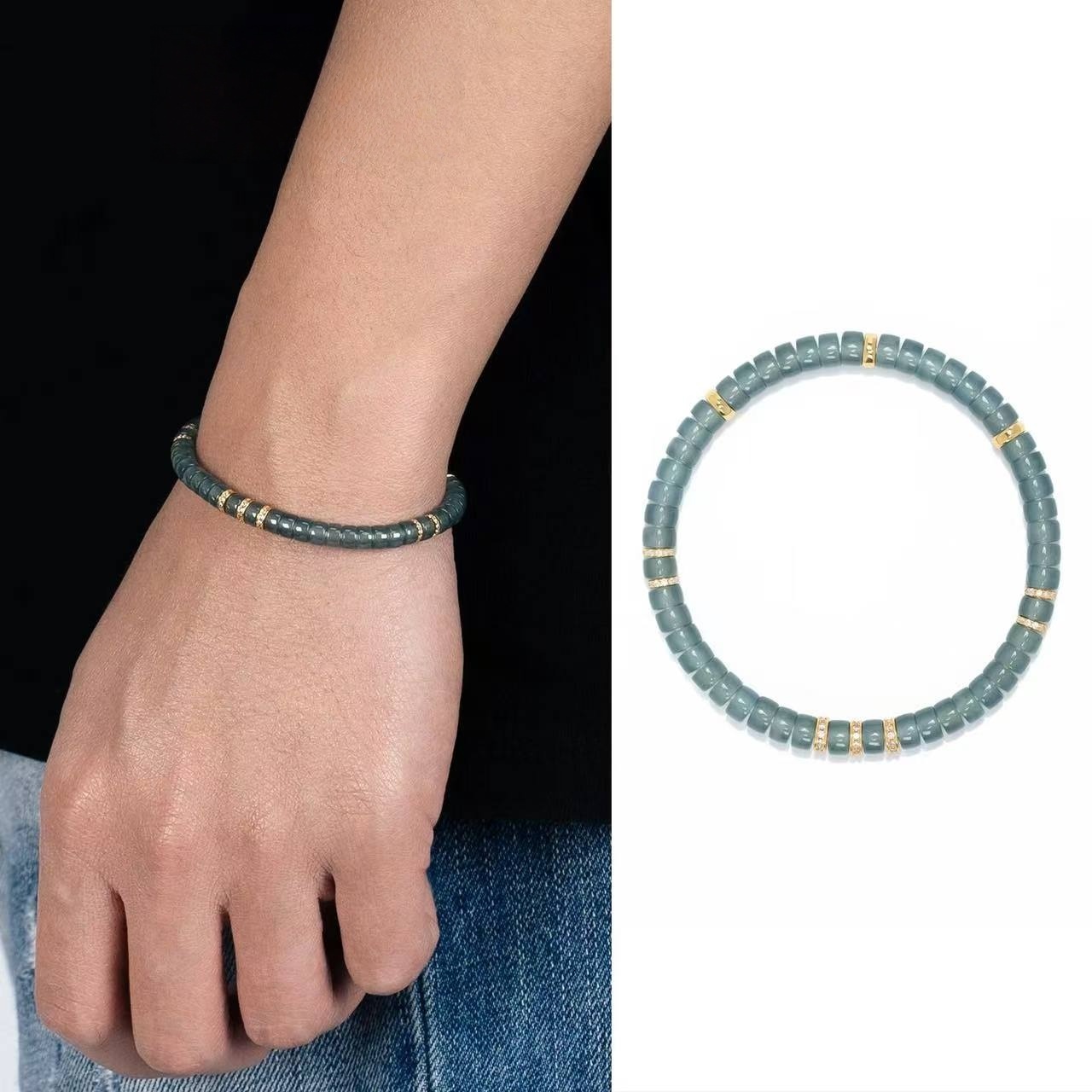 Gray Jadeite Bracelet | 5.5mm Mora Gray Beads with Gold Inlay for Serene Wisdom