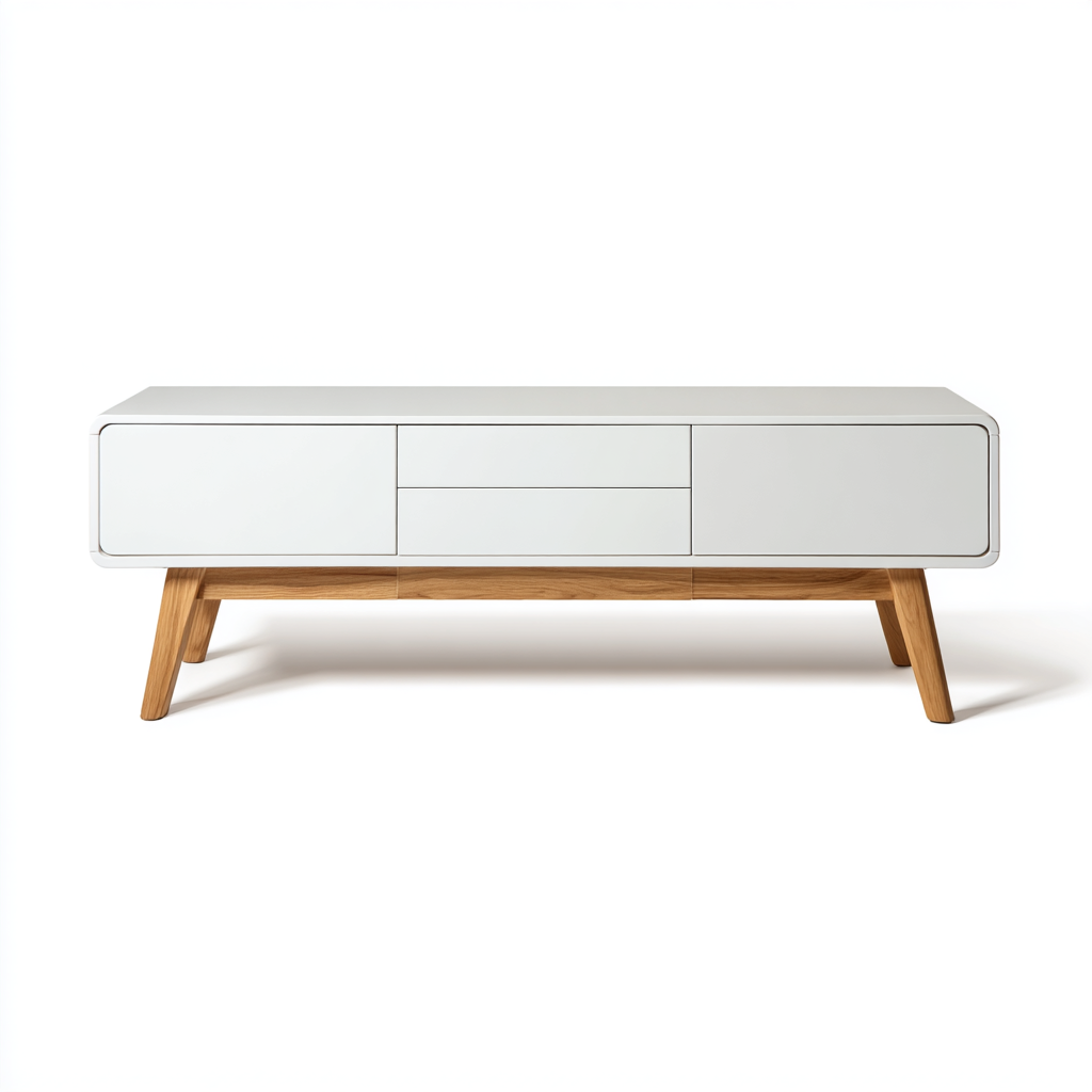 TV Board Weiß Holzbeine 150x40x50 cm Skandinavisches Design mit Schubladen und Türen