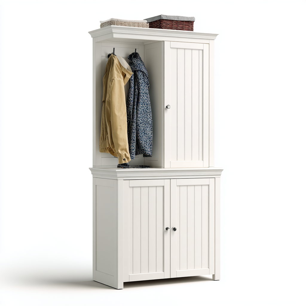 Garderobe Holz 90x40x180 cm Weiß Landhausstil mit Stauraum und Haken