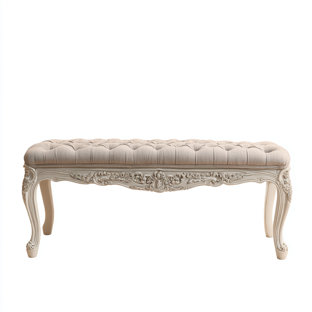 Bank Sitzbank Massivholz 120x42x47 cm Beige Leinen Rokoko Design