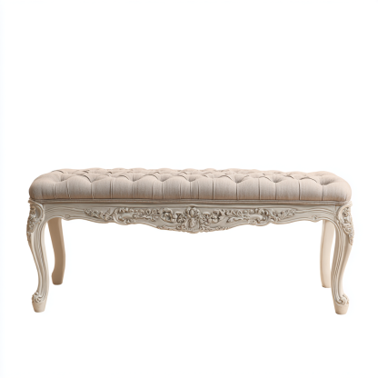 Bank Sitzbank Massivholz 120x42x47 cm Beige Leinen Rokoko Design