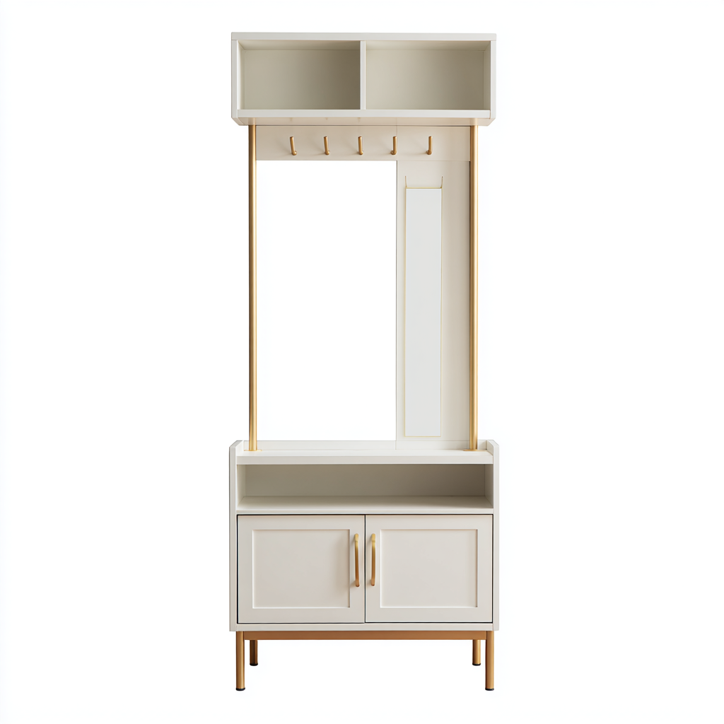 Garderobe - Holz Weiß/Gold 105x42x190 cm - Modernes Design mit Spiegel, Haken und Stauraum-Shelterota