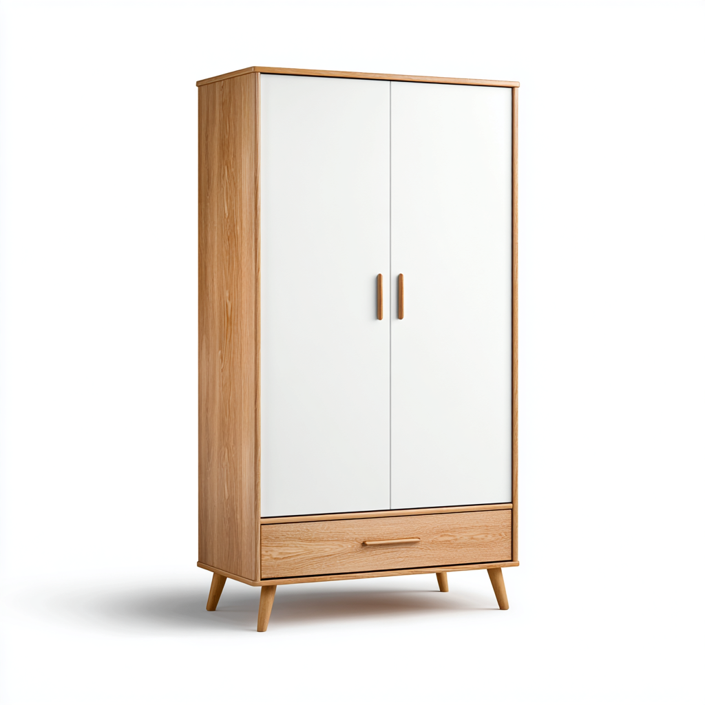 Kleiderschrank Holzdekor/Weiß 100x55x190cm Eiche modern mit zwei Türen und Schublade