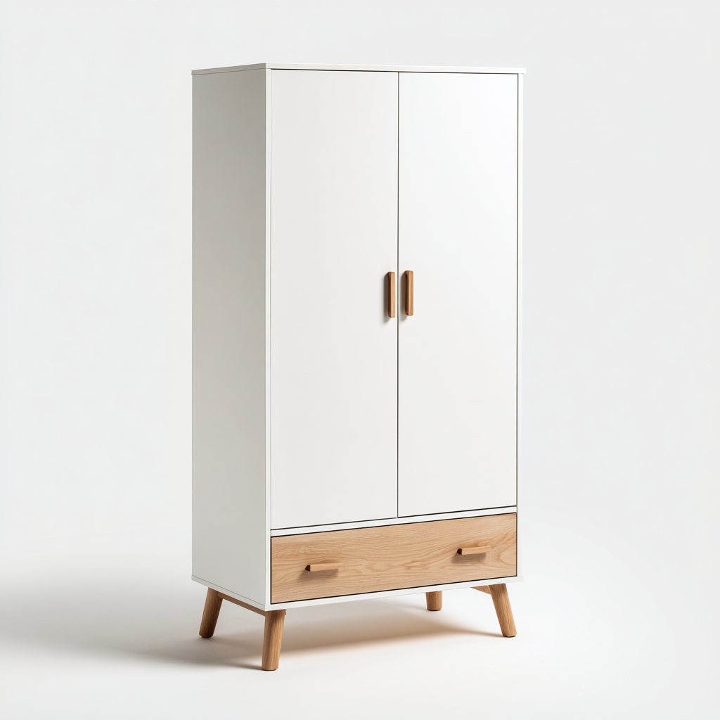 Kleiderschrank Holz Weiß Zweitürig 178x88x44 cm mit Schublade Skandinavischer Stil