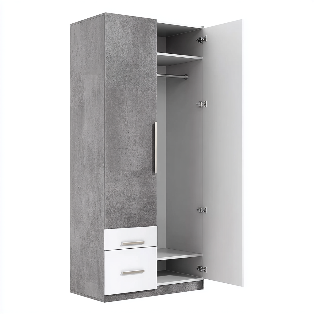 Kleiderschrank Holz 200x80x52 cm Grau Weiß 2 Türen 2 Schubladen Modern