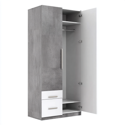 Kleiderschrank Holz 200x80x52 cm Grau Weiß 2 Türen 2 Schubladen Modern
