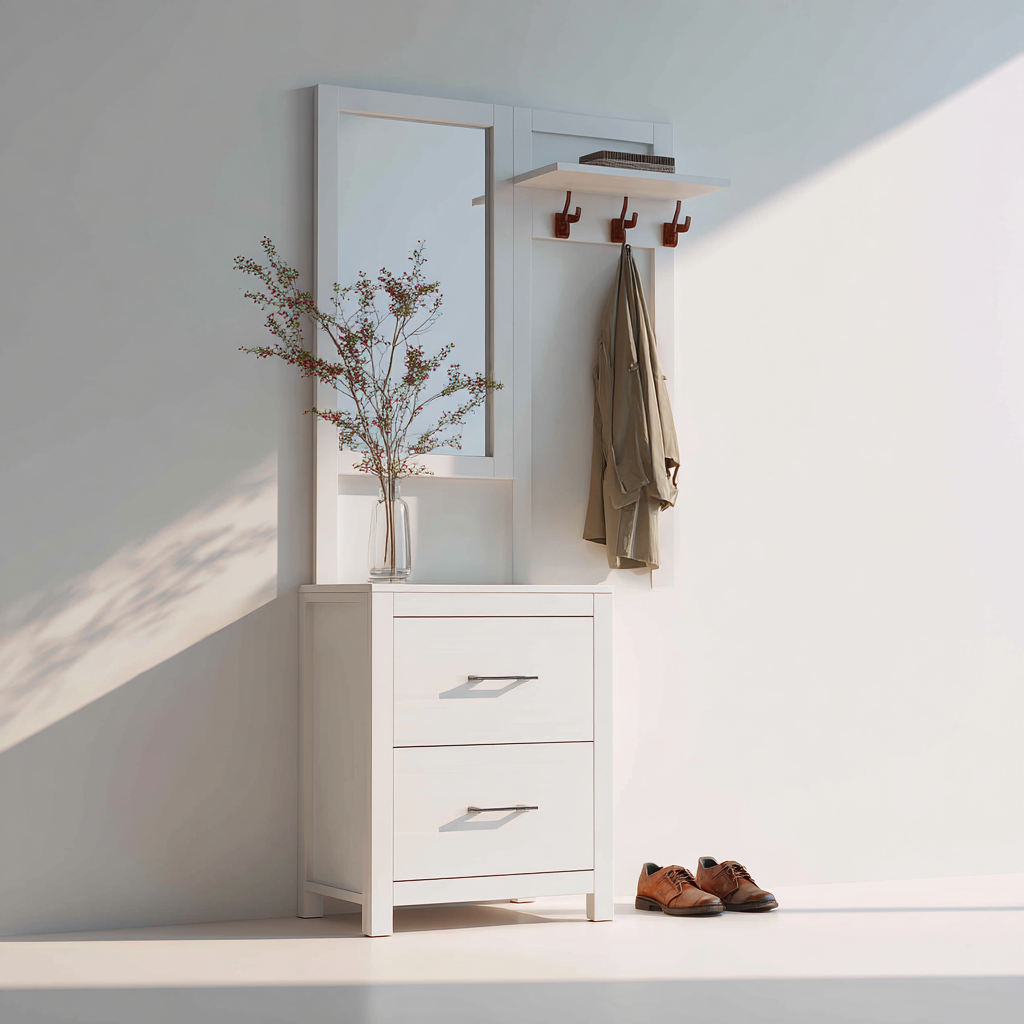 Garderobe Weiß Holz 80x35x180 cm mit Spiegel Schubladen und Haken - Modernes Design