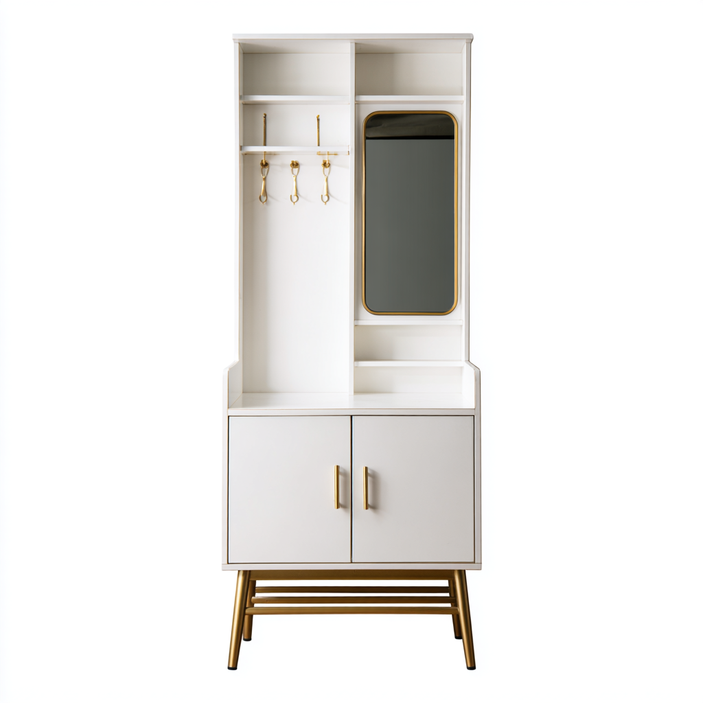 Garderobe - Holz Weiß/Gold 95x40x180 cm - Modernes Design mit Spiegel, Haken und Schrankfächern-Shelterota