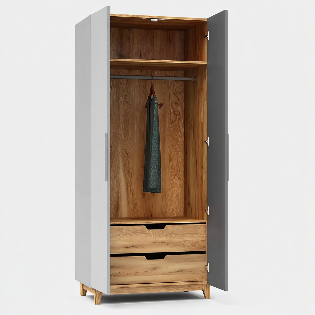 Kleiderschrank Holzoptik-Weiß/Grau 190x92x60 cm mit Kleiderstange und 2 Schubladen Skandinavischer Stil-Shelterota