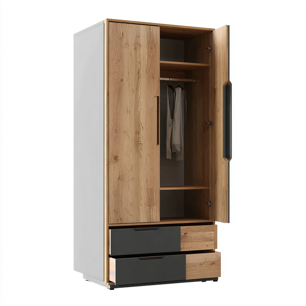 Kleiderschrank Holz 185x82x54 cm Natur Grau 2 Türen 2 Schubladen Modern