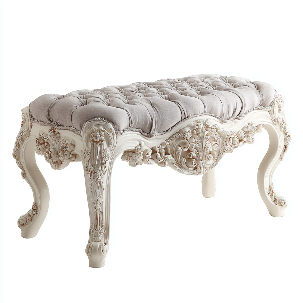 Bank Sitzbank Massivholz 108x42x48 cm Creme Leinen Rokoko Design