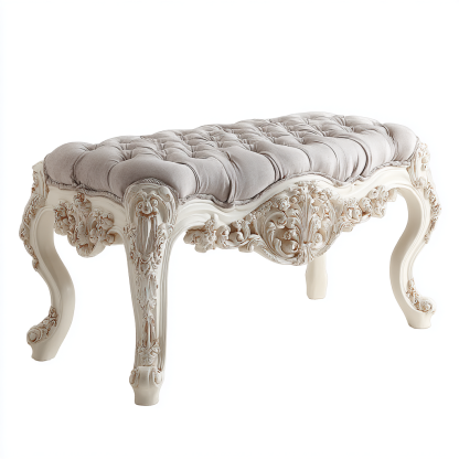 Bank Sitzbank Massivholz 108x42x48 cm Creme Leinen Rokoko Design