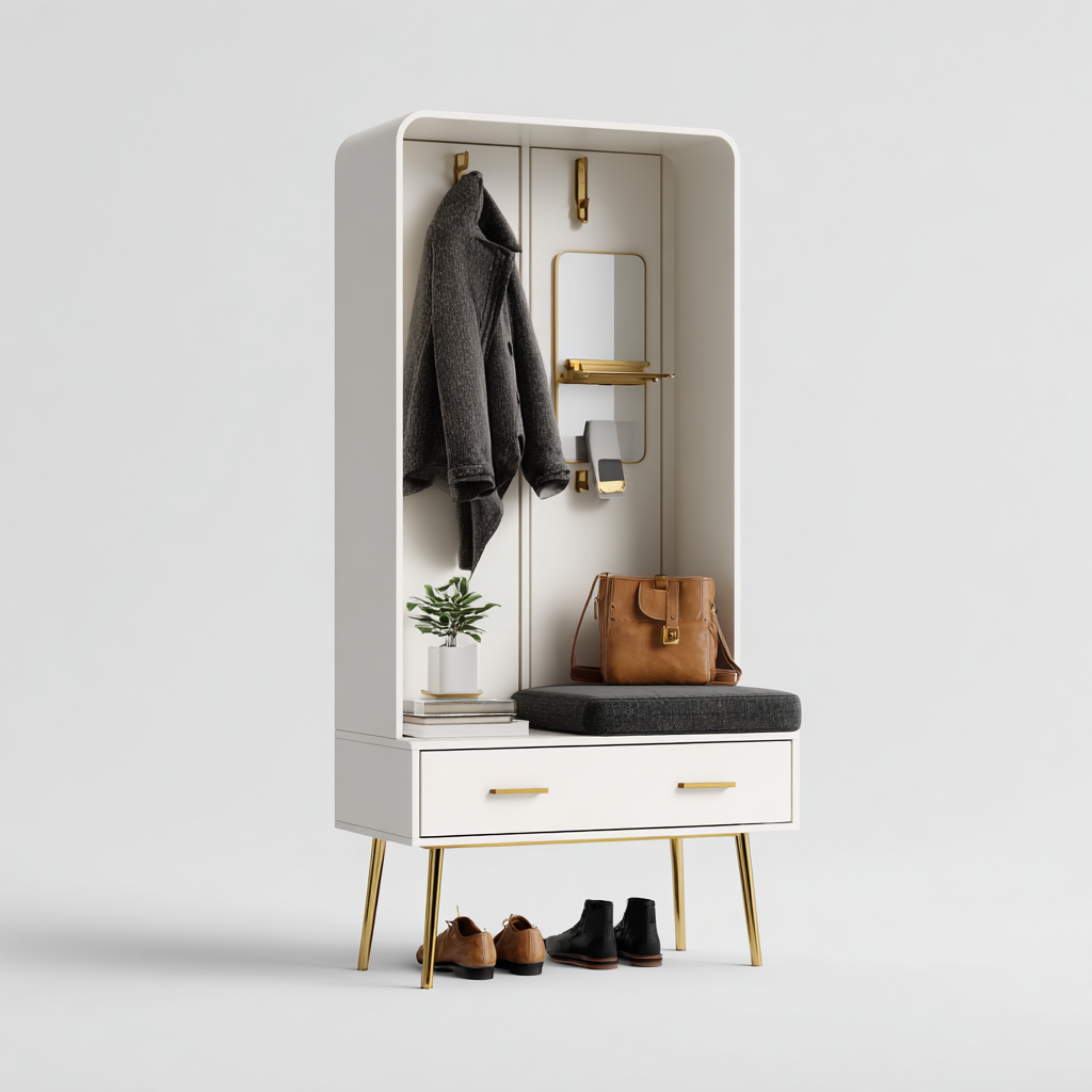 Garderobe - Holz Weiß/Gold 90x40x175 cm - Modernes Design mit Sitzpolster, Spiegel und Schublade-Shelterota