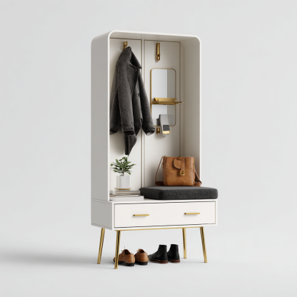 Garderobe - Holz Weiß/Gold 90x40x175 cm - Modernes Design mit Sitzpolster, Spiegel und Schublade-Shelterota