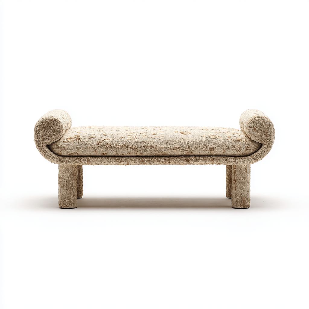 Bank Bouclé Beige 130x50x55 cm - Elegante Polsterbank mit Rundarmen und Zylinderbeinen