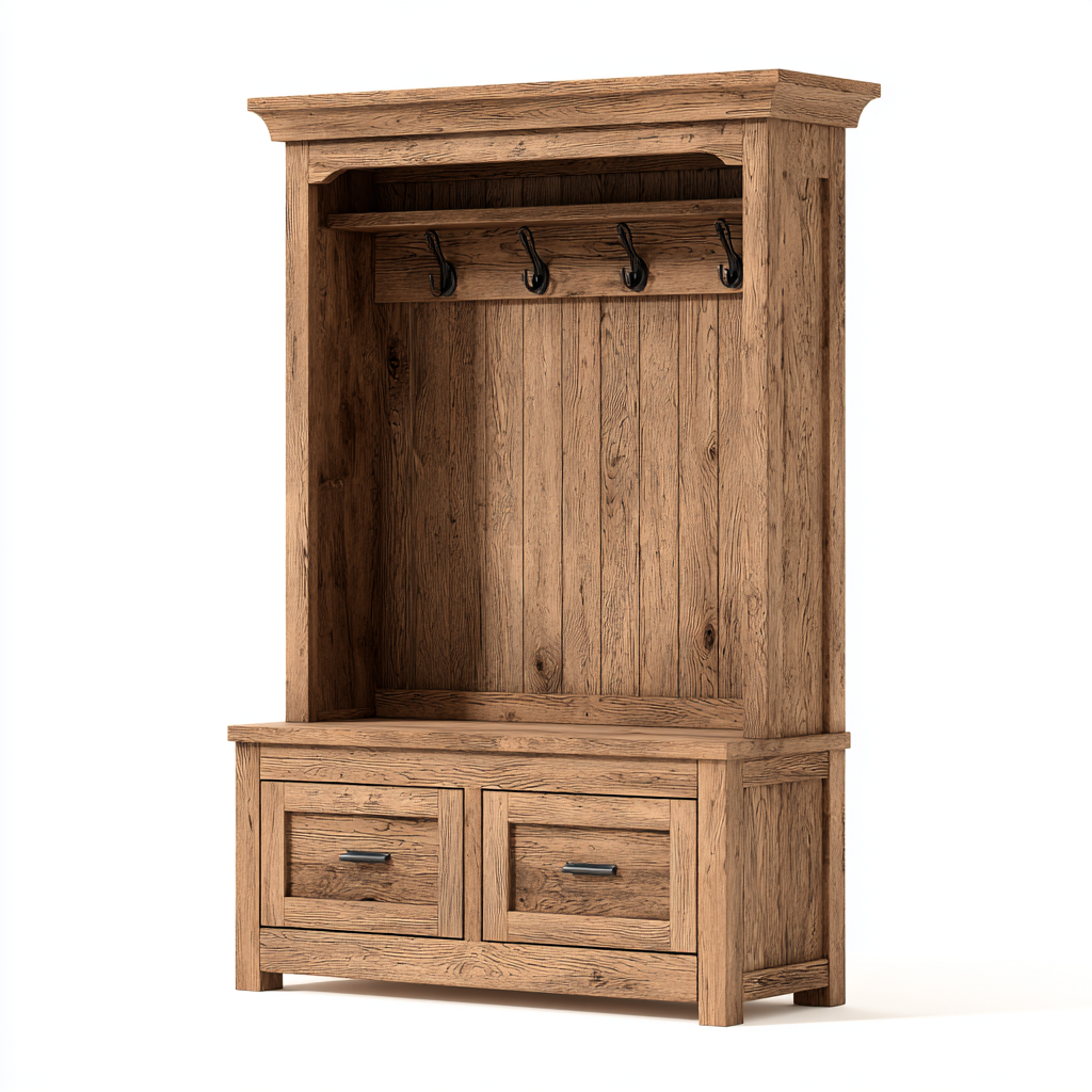 Garderobe - Massivholz Eiche 98x45x185 cm - Rustikal mit Schubladen, Ablage und Hakenleiste-Shelterota
