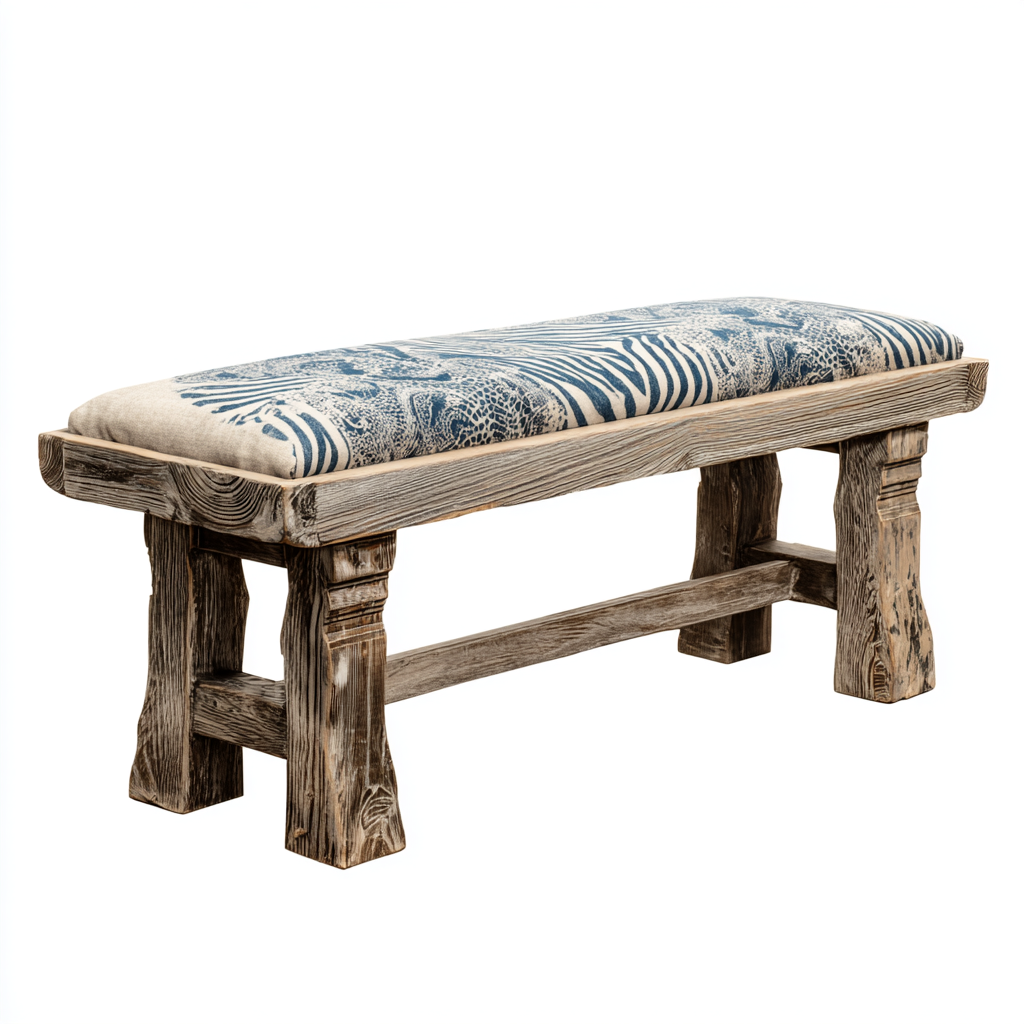 Bank Massivholz 110x40x48 cm Leinen Blau/Beige Landhausstil