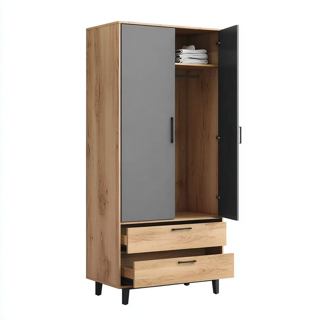 Kleiderschrank Holz 180x80x52 cm Grau Schwarz 2 Türen 2 Schubladen Modern
