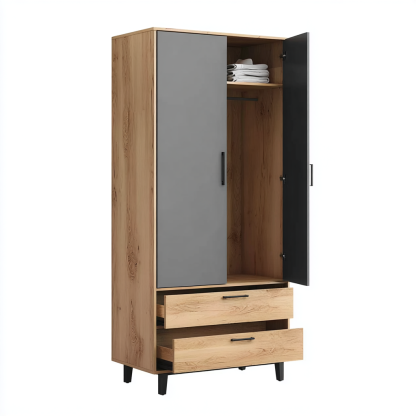 Kleiderschrank Holz 180x80x52 cm Grau Schwarz 2 Türen 2 Schubladen Modern