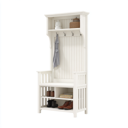 Garderobe - Holz Weiß 90x40x185 cm - Landhausstil mit Sitzbank, Regal und Hakenleiste