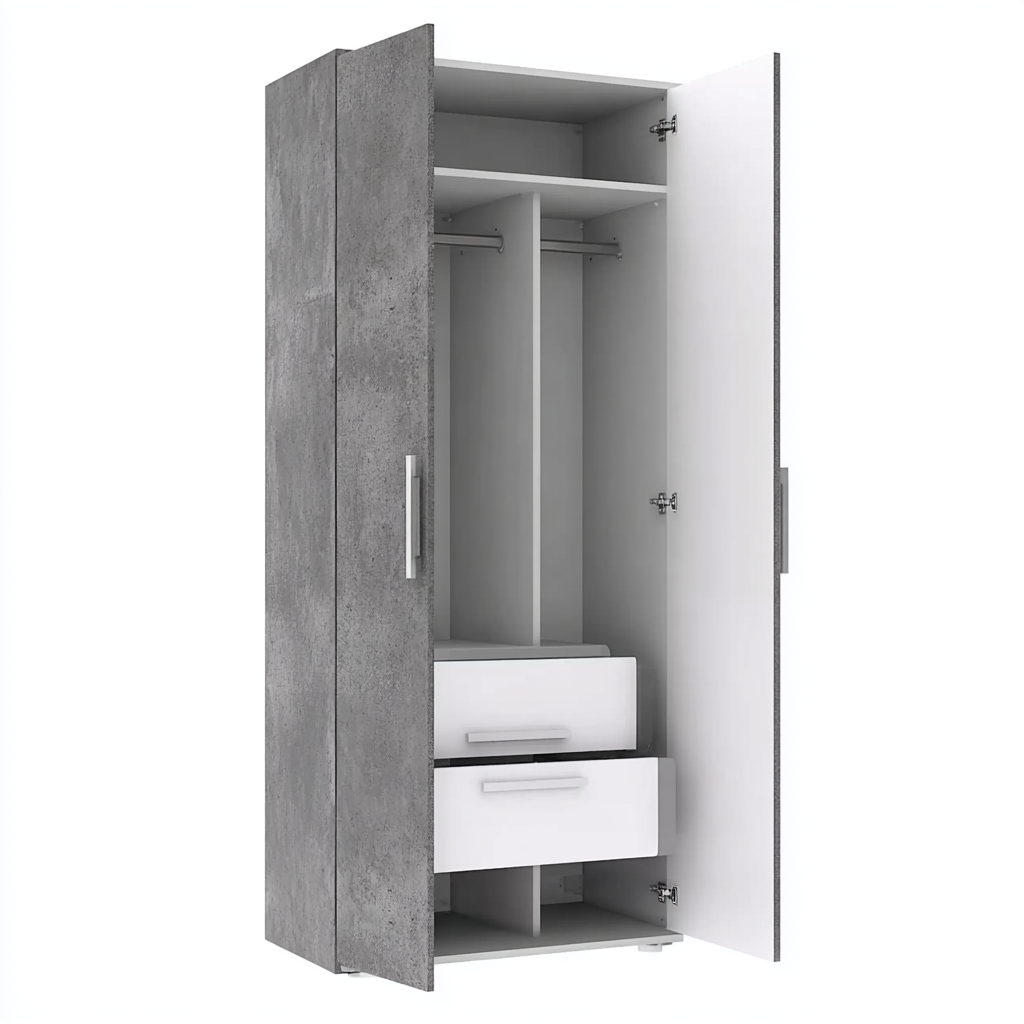 Kleiderschrank Holz 200x80x52 cm Grau Betonoptik Weiß 2 Türen 2 Schubladen Mit Trennwand