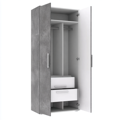 Kleiderschrank Holz 200x80x52 cm Grau Betonoptik Weiß 2 Türen 2 Schubladen Mit Trennwand