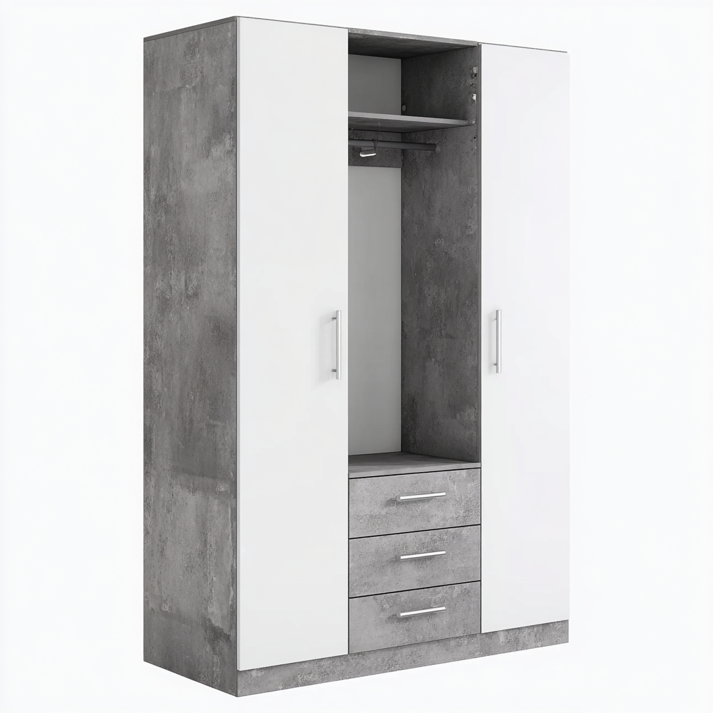 Kleiderschrank Holz 200x120x58 cm Weiß Grau 2 Türen 3 Schubladen Modern