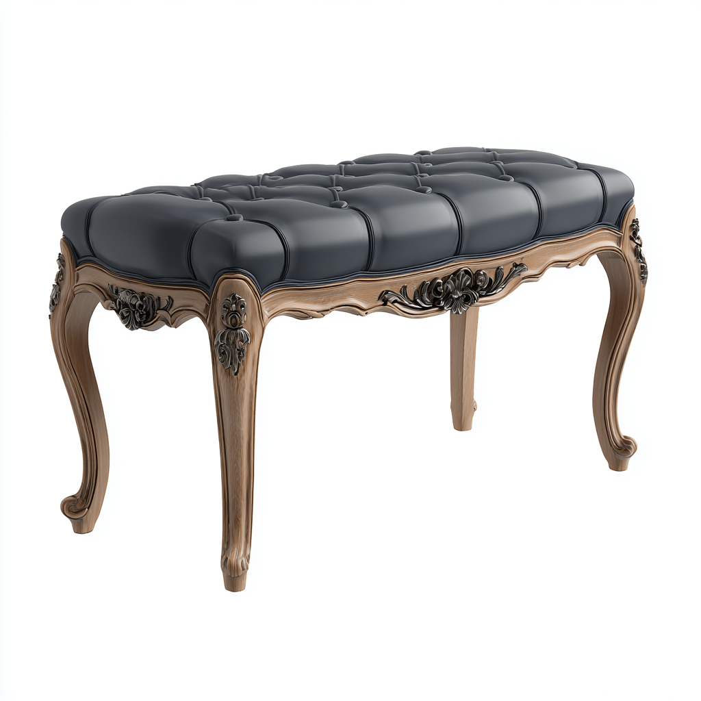 Bank Sitzbank Massivholz 110x40x47 cm Dunkelgrau Leder Rokoko Design