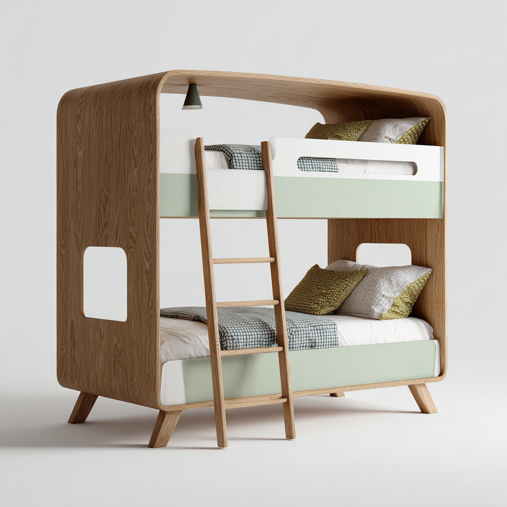 Etagenbett Holz-Weiß/Grün 205x105x165 cm mit Leiter und integriertem Licht - Skandinavisches Design-Shelterota