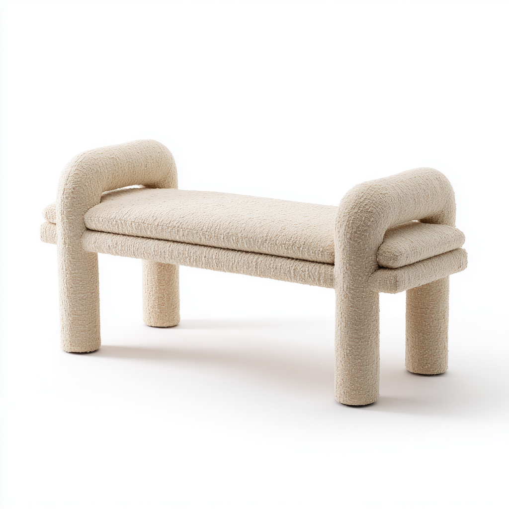 Bank Bouclé Beige 120x45x55 cm - Moderne Polsterbank mit Armlehnen und Rundbeinen