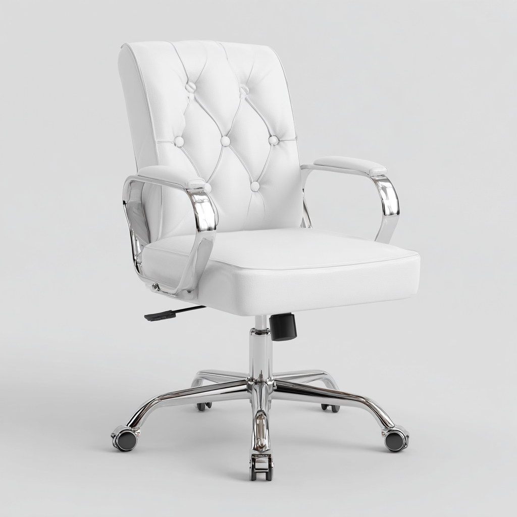 Bürostuhl - Kunstleder - 61x67x102 cm - Weiß - Ergonomisch mit Armlehnen und Chesterfield-Rückenlehne-Shelterota