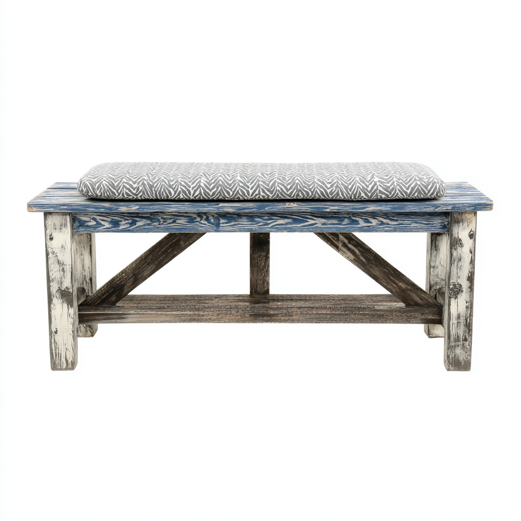 Bank Massivholz 112x42x49 cm Leinen Grau/Weiß Vintage