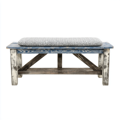 Bank Massivholz 112x42x49 cm Leinen Grau/Weiß Vintage