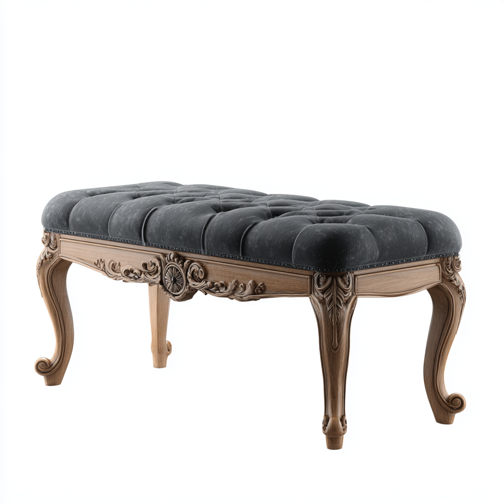 Bank Sitzbank Massivholz 110x40x47 cm Dunkelgrau Samt Rokoko Design