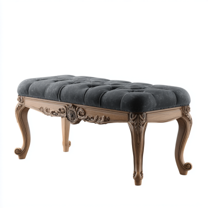 Bank Sitzbank Massivholz 110x40x47 cm Dunkelgrau Samt Rokoko Design